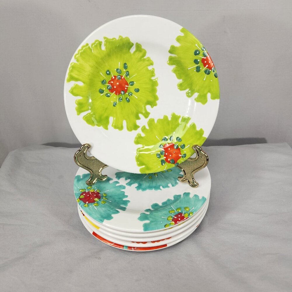 LAURIE GATES Melamine Floral Plates Embossed Orange Green Yellow Teal Set Of 6